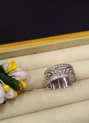 Серебряная широкая массивная кольца с узором фианитом 925 20 размер
