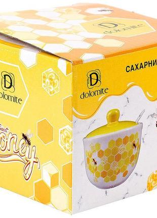 Керамічна цукорниця з керамічною ложкою "sweet honey" 450мл, біла з жовтим2 фото