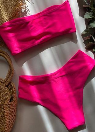 Розовый купальник бандо малиновый5 фото