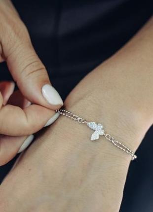 Браслет подвійною з метеликом з каменів, переливаються на сонці, срібне покриття 925 проби, довжина 16+5 см