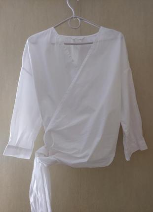 Белая хлопковая блузка блуза h&m с запахом4 фото