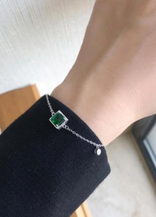 Браслет изумруд с квадратным фианитом, браслет с темно-зеленым камнем, серебряное покрытие 925 пробы, 16+5 см