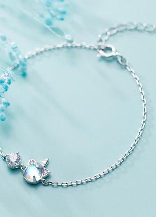 Браслет серебряный единорог с лунным камнем (переливается), серебро 925 пробы, длина 16+3