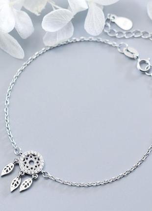 Браслет серебряный ловец снов с фианитами, браслет оберег, серебро 925 пробы, длина 17+5,5 см