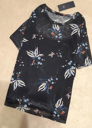 Нова темно синя блузка в квіти короткий рукав collection m&s розмір 14/164 фото