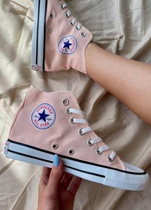 Converse chuck taylor all star hi pink peach жіночі класичні високі кеді конверс ніжно рожеві персикові високі рожеві персик кеди на весну літо7 фото