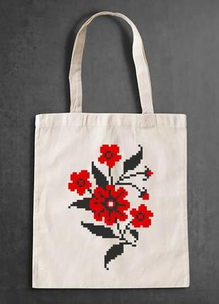 Еко-сумка, шоппер, повсякденне з принтом "квітковий орнамент (червоно-чорний) вишиванки на грудях"