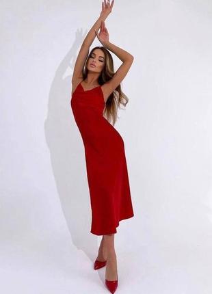 Платье-миди из искусственного шелка красная атласная 10 цветов3 фото