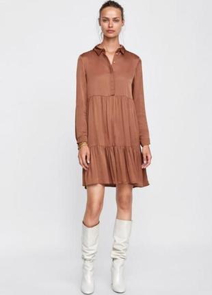 Вискозное ярусное атласное сатиновое платье рубашка с длинными рукавами
