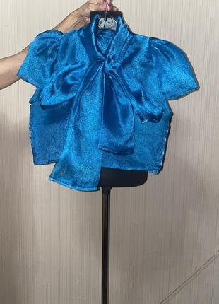 Шикарная блуза топ синяя с бантом органза с пышными рукавами3 фото