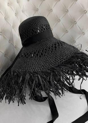 Широкополая летняя соломенная шляпа с посатаными полями и лентами черная4 фото