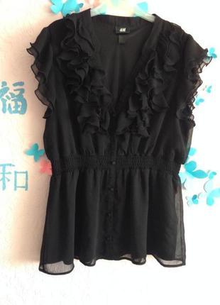 Шикарная чёрная парящая блузка в рюши на пуговках  lразмер.38-40размер  h&m германия1 фото