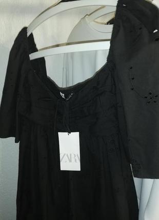 Платье zara открытые плечи шитьем boho хлопковое длинное черное5 фото