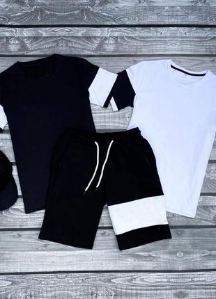 Стильный мужской комплект черный белый футболка+шорты+кепка
