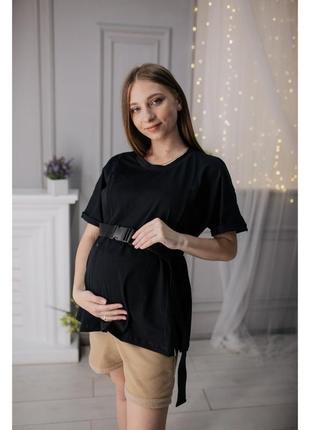 Комплект для вагітних бежеві шорти з кишенями і чорна футболка оверсайз