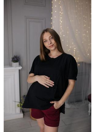 Комплект для вагітних бордові шорти з кишенями і чорна футболка оверсайз