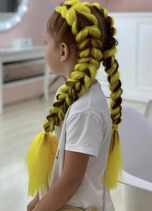 Канекалон коса жовта однотонна для зачісок, різнокольорові кольорові пасма волосся7 фото