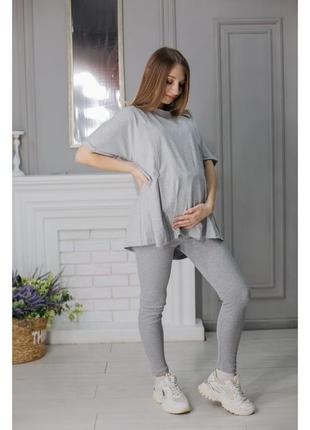 Комплект для вагітних лосини в рубчик і футболка оверсайз сірий1 фото