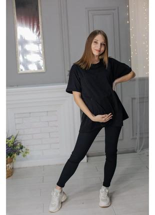 Комплект для вагітних лосини в рубчик і футболка оверсайз чорний1 фото