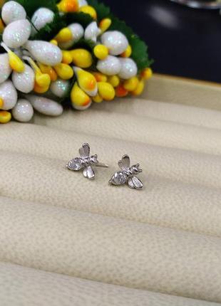 Срібні сережки гвоздики пусети бджола з фіанітом 925 застібка закрутка