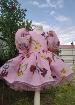 Розовое детское нарядное  платье в цветочек для девочки2 фото