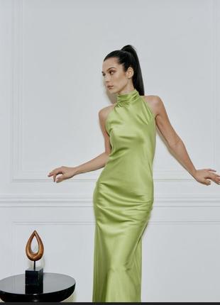 Шикарное сатиновое платье миди макси цвета лайма2 фото