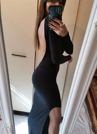 Щикарное чёрное платье макси с открытой спиной и разрезом 12383 фото