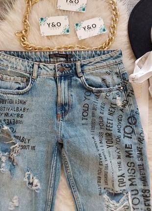 Трендові якісні джинси оригінальні з надписами в ідеальному стані 🖤zara trafaluc denimwear🖤6 фото