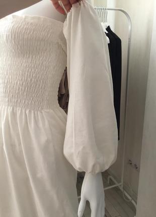 Платье белое с открытыми плечами с резинкой на рукавах из натурального льна/ сукня з льону4 фото