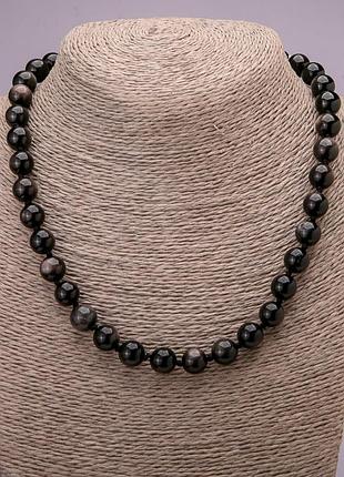 Бусы из натурального камня серебристый обседиан гладкий шарик d-10(+-)мм l-45см