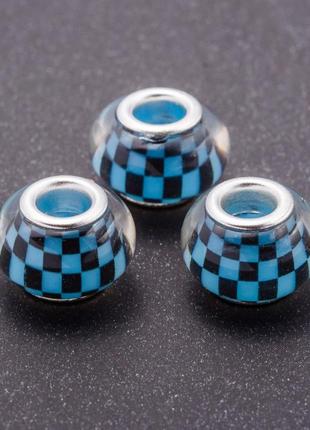 Бусина пандора голубая шахматка пластик d-13мм d-5мм фас.11шт