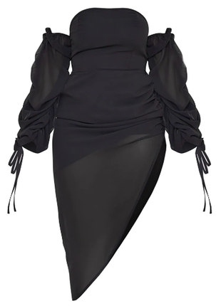 Чорна асиметрична сукня з рукавами в стилі бардо prettylittlething2 фото