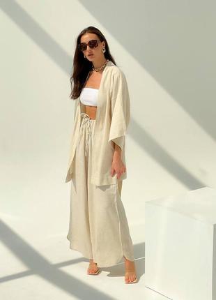 Льняной костюм кимоно летний легкий молочный шорты штаны