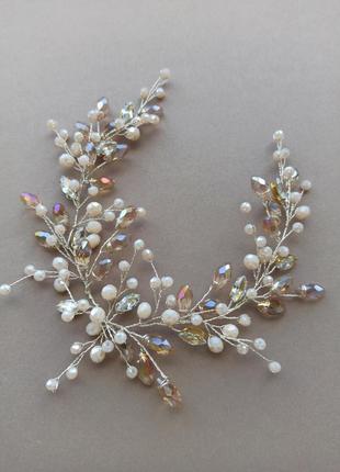 Гілочка в зачіску для нареченої, весільні прикраси в зачіску з натуральними перлами2 фото