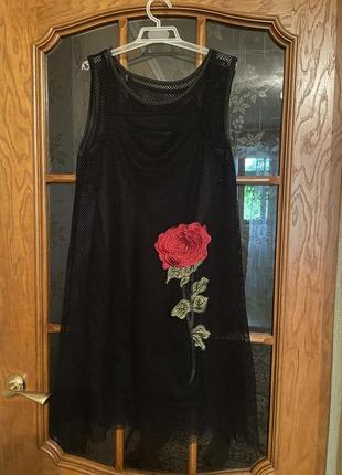 Платье чёрное с розой сетка мини летние