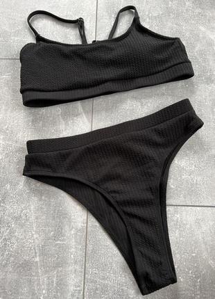 Роздільний купальник з високими трусиками і топом чорний базовий рібана