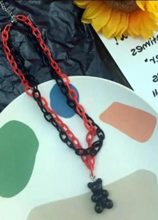 Подвеска мишка, черный + красный - длина 40см, мишка 2,6см, смола, пластик