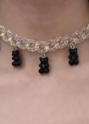 Ожерелье с мармеладными мишками, цвет черный - длина 30см (+9см), смола, цинковый сплав, пластик1 фото
