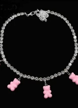Ожерелье с мишками розовый - длина 35см + 22см, (ругелируется), смола, цинковый сплав