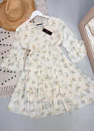 Шифонова молочна сукня в ніжний квітковий принт1 фото