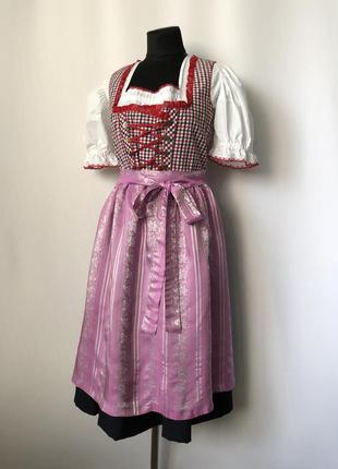 Дирндль красный с розовым баварский костюм платье сарафан с передником2 фото