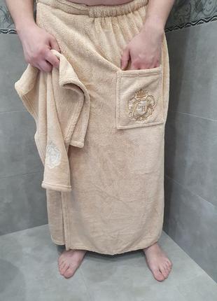 Набор для бани и сауны бежевый. подарок мужчине банный набор: килт и полотенце для лица. комплект1 фото