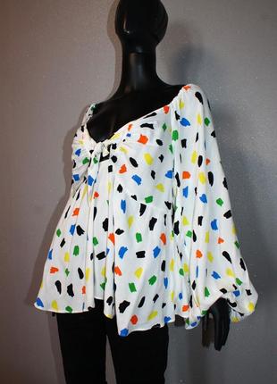 Натуральна блуза asos з об'ємними рукавами буфами яскравим абстрактним принтом та вузлом квадратний виріз яркая топ блузка га завязках8 фото