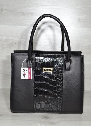 Черная женская сумка саквояж деловая классическая каркасная сумочка с ручками для документов а4