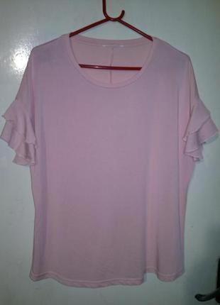 Трикотажная-масло,персиковая блузка-футболка с воланами,большого размера