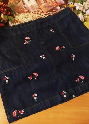 Шикарна джінсова юбочка спідниця красива вишивка квіти цвети темно-синя 14 нова джинс коттон1 фото