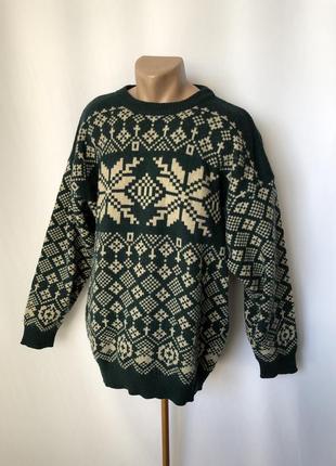 Винтаж зеленый жаккардовый свитер со снежинками шерсть