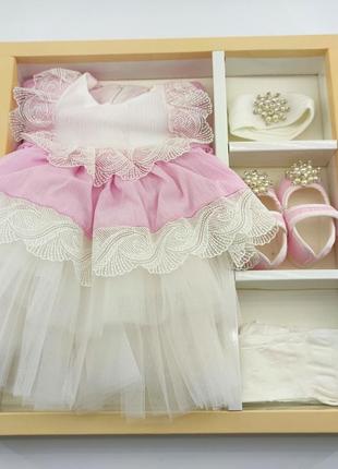 Подарочный набор 0 до 4 месяцев платье для крещения подарок новорожденного розовое (нпк93)1 фото