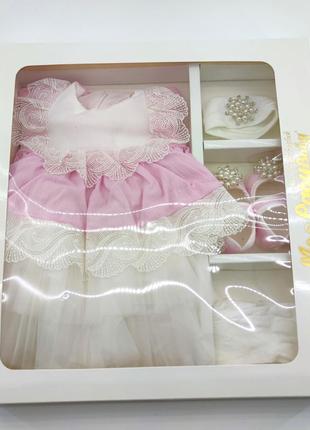 Подарочный набор 0 до 4 месяцев платье для крещения подарок новорожденного розовое (нпк93)5 фото