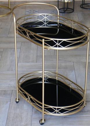 Сервировочный столик на колесах из металла в золоте с черной стеклянной столешницей6 фото